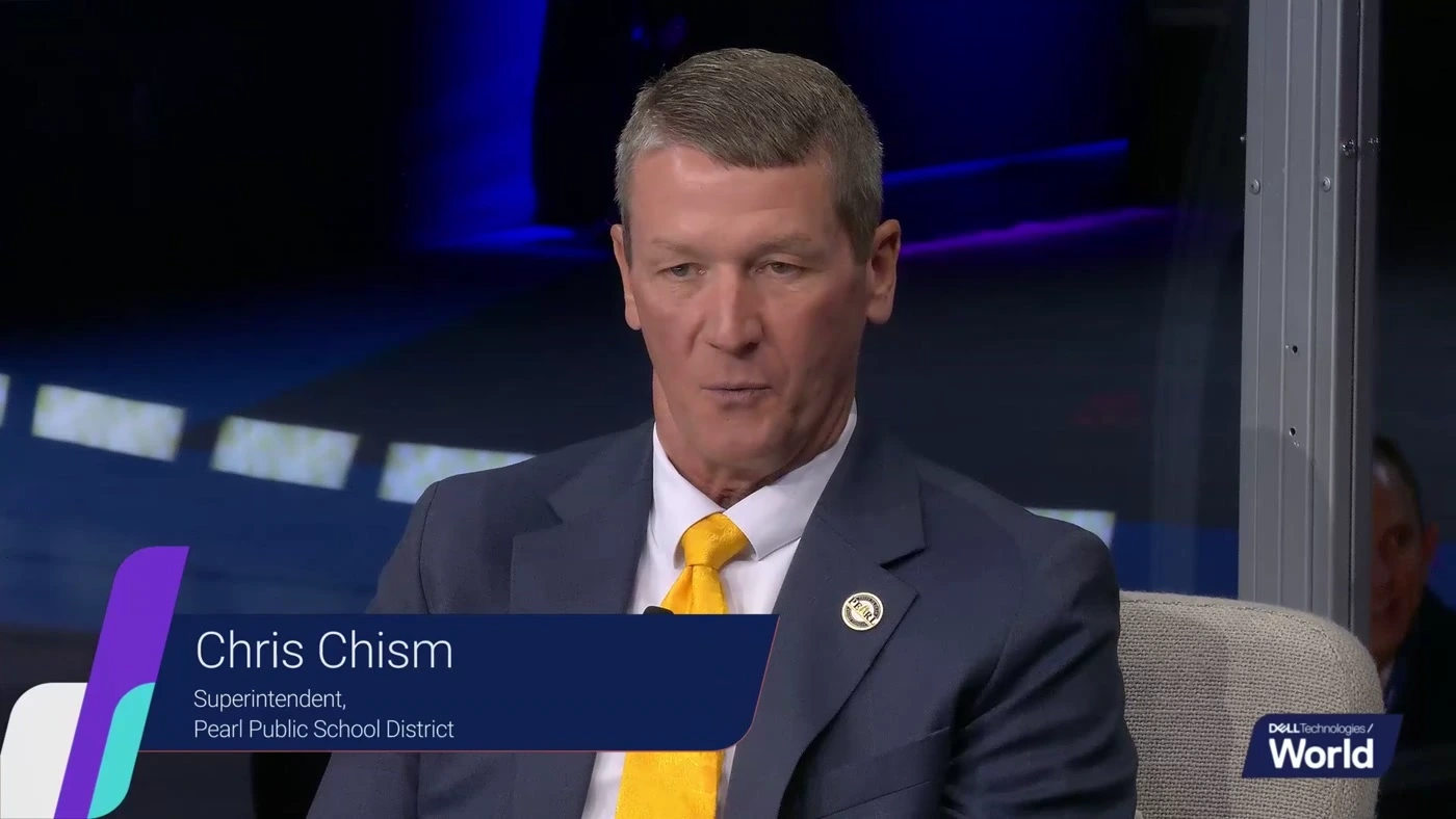Chris Chism on the Dell Technologies World live broadcast, lower-third identifying him as Superintendent of Pearl Public School District
